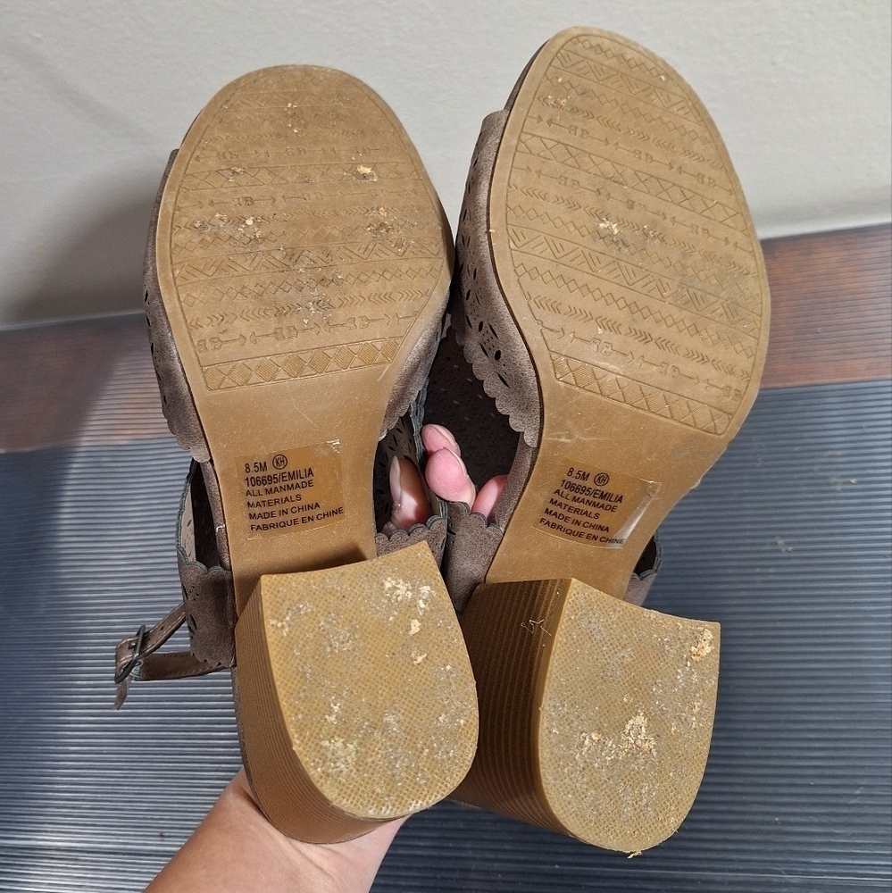 Maurices Taupe Boho Cut Out Scalloped Open Toe Slingback Stacked Heel Sandals - Picture 16 of 16